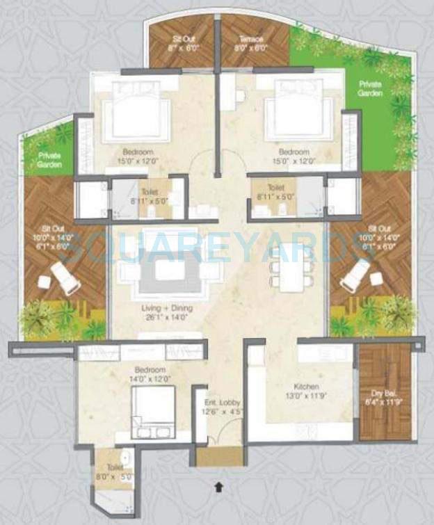 Floor plan of 3 BHK 2615 Sq. Ft. Apartment in Pride Purple Park Grandeur, Pune