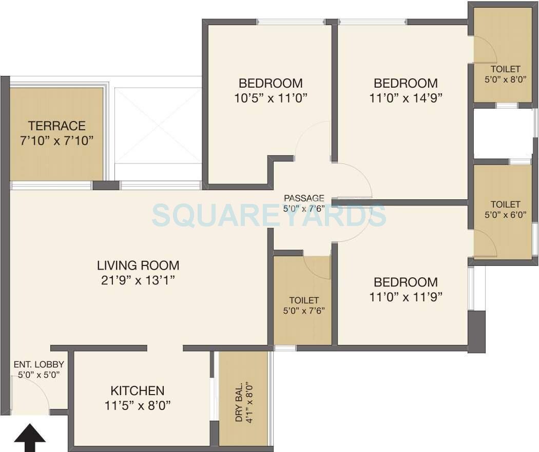 Floor plan of 3 BHK 1148 Sq. Ft. Apartment in Pride Purple Park Ivory, Pune