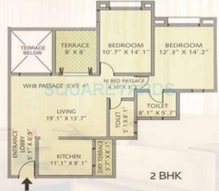 Floor plan of 2 BHK 1021 Sq. Ft. Apartment in Pride Purple Park Royale, Pune