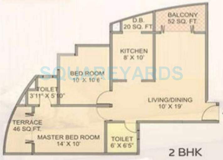 Floor plan of 2 BHK 953 Sq. Ft. Apartment in Pride Purple Park Royale, Pune