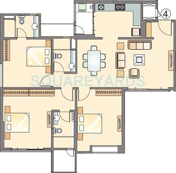 Floor plan of 3 BHK 1470 Sq. Ft. Apartment in Pride Purple Park Titanium, Pune