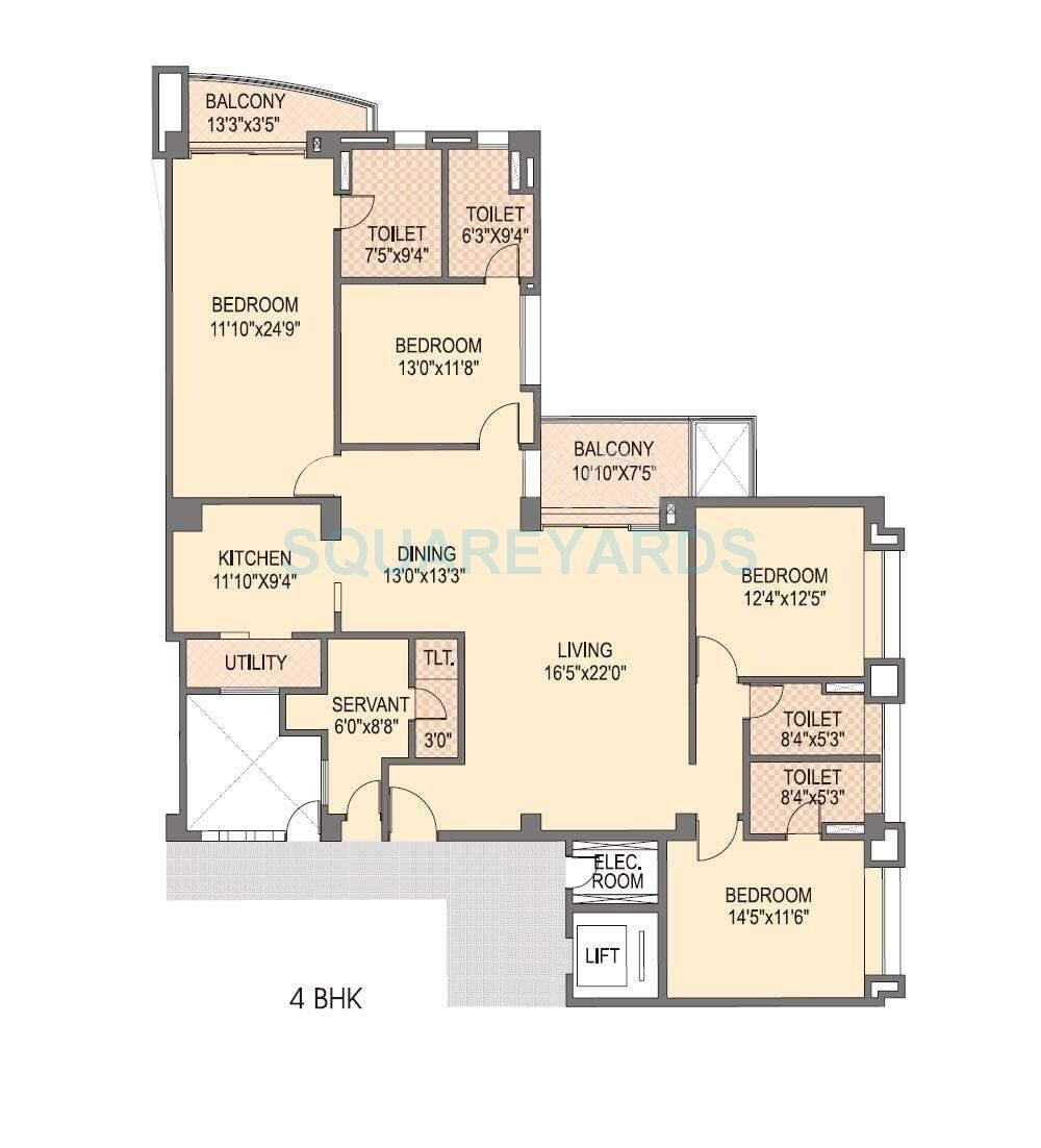 Floor plan of 4 BHK 2600 Sq. Ft. Apartment in Pride Purple Park Titanium, Pune