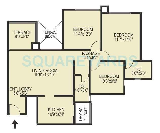 Floor plan of 3 BHK 1385 Sq. Ft. Apartment in Pride Purple Park Turquoise, Pune