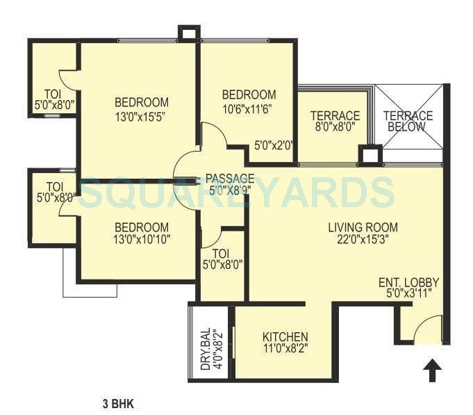 Floor plan of 3 BHK 1610 Sq. Ft. Apartment in Pride Purple Park Turquoise, Pune