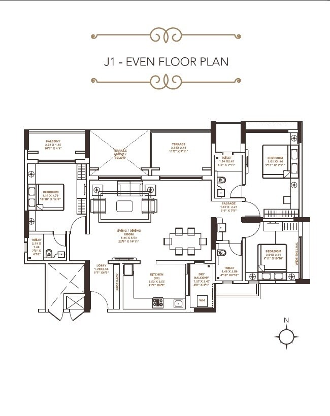 Floor plan of 3 BHK 1070 Sq. Ft. Apartment in Pride Platinum, Pune
