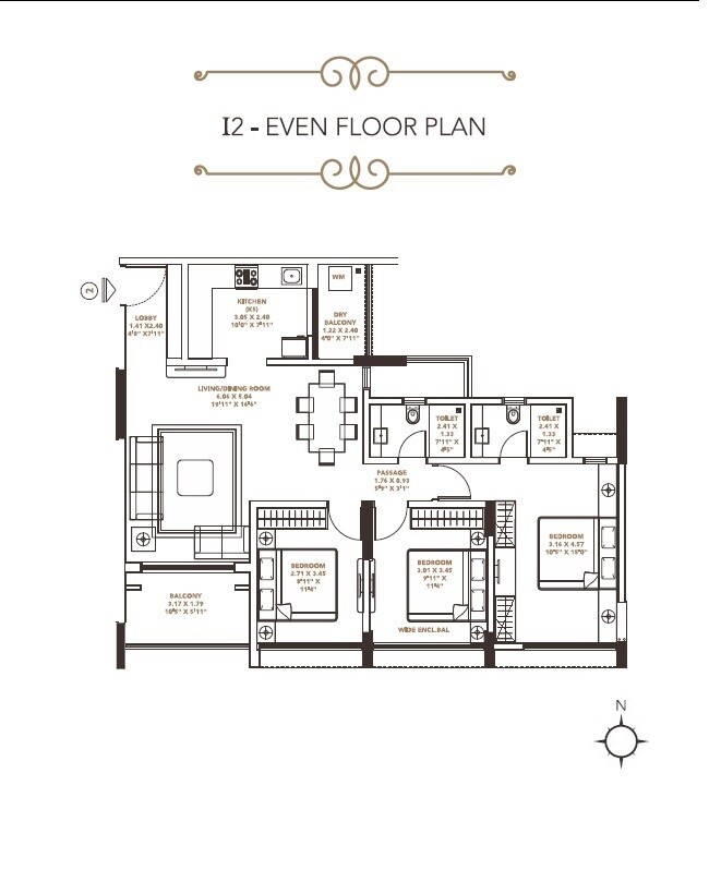 Floor plan of 3 BHK 909 Sq. Ft. Apartment in Pride Platinum, Pune