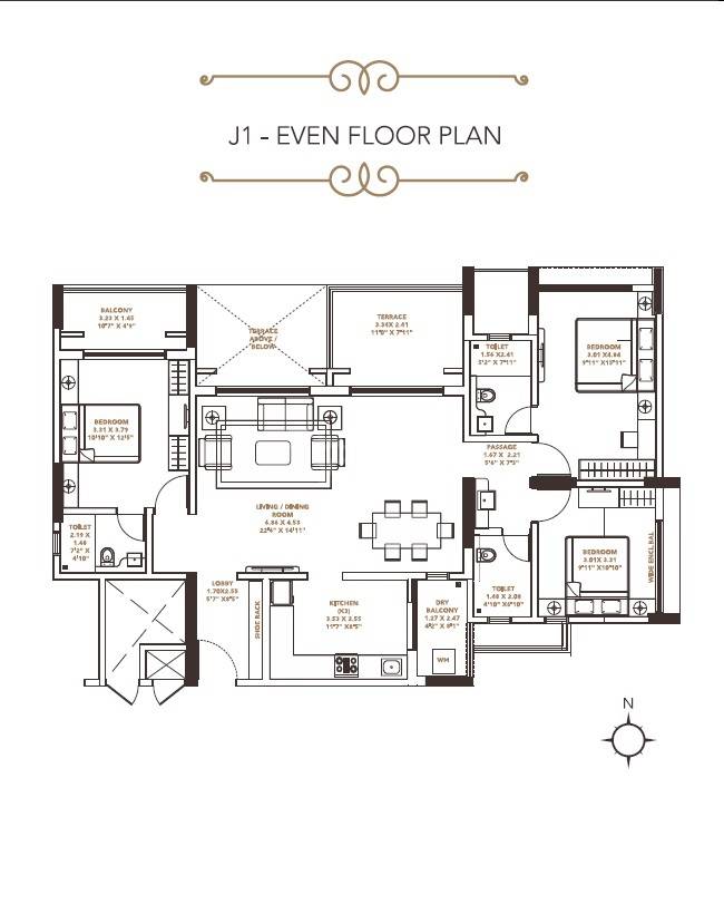 Floor plan of 3 BHK 1070 Sq. Ft. Apartment in Pride Platinum I And J, Pune