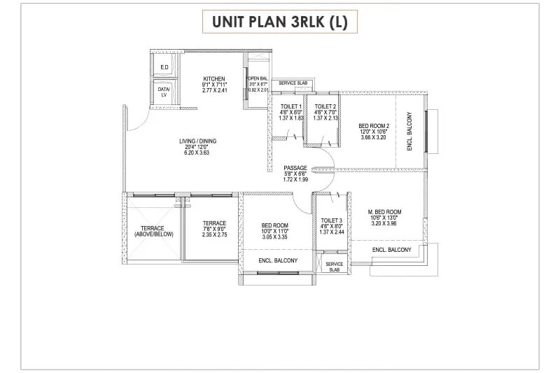 Floor plan of 3 BHK 875 Sq. Ft. Apartment in Pride Purple Park Astra, Pune