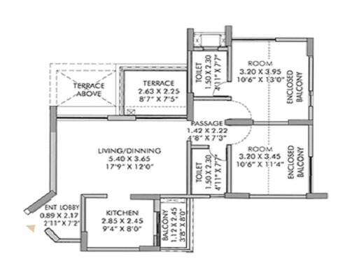 Floor plan of 2 BHK 635 Sq. Ft. Apartment in Pride Purple Park Ivory, Pune
