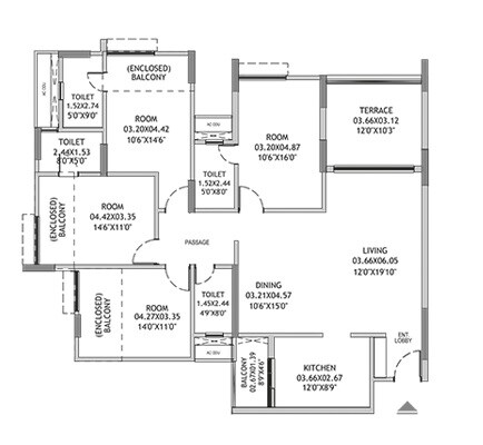 Floor plan of 4 BHK 1429 Sq. Ft. Apartment in Pride Purple Park Ivory, Pune