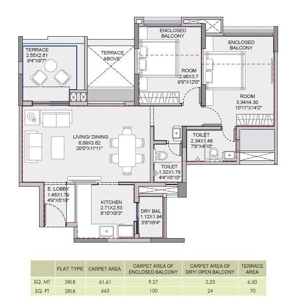 Floor plan of 3 BHK 663 Sq. Ft. Apartment in Pride Purple Park Landmark, Pune
