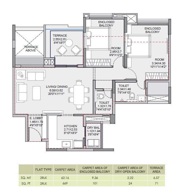 Floor plan of 3 BHK 669 Sq. Ft. Apartment in Pride Purple Park Landmark, Pune
