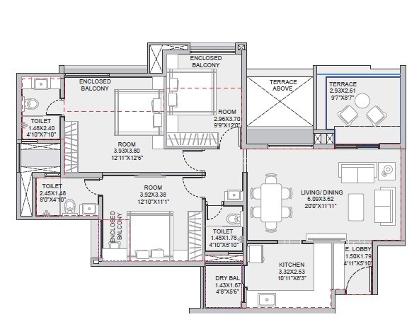 Floor plan of 3 BHK 1177 Sq. Ft. Apartment in Pride Purple Park Landmark, Pune
