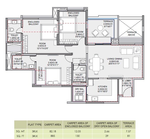 Floor plan of 3 BHK 885 Sq. Ft. Apartment in Pride Purple Park Landmark, Pune