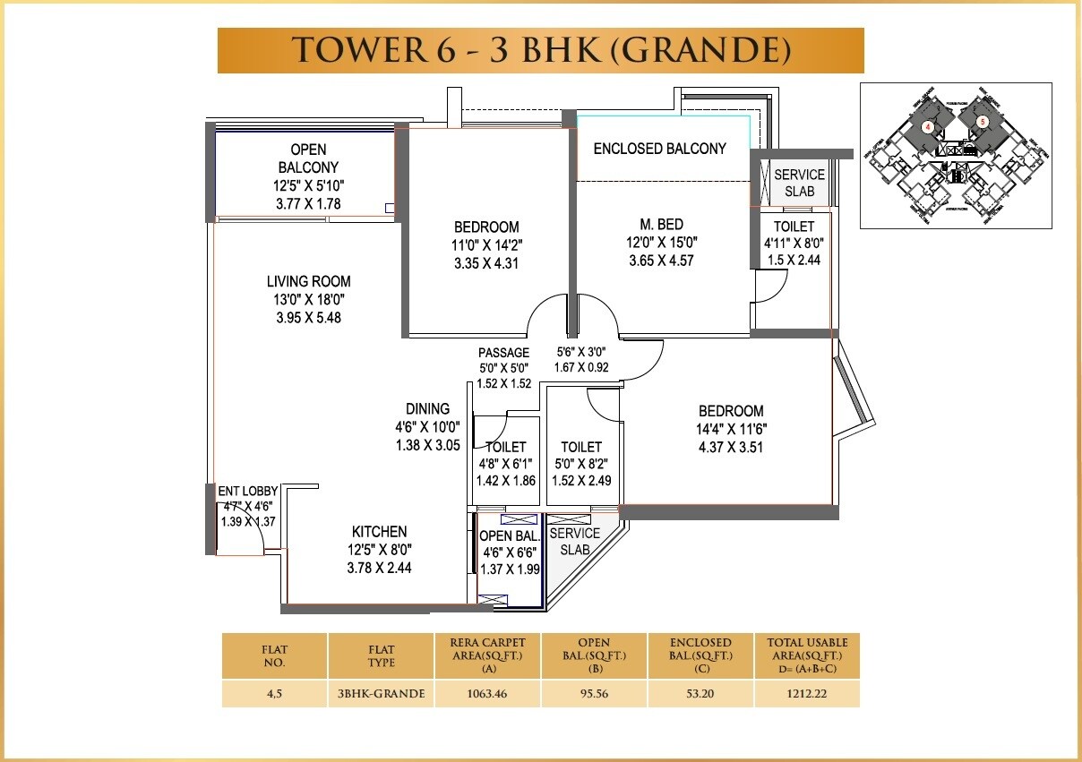Floor plan of 3 BHK 1212 Sq. Ft. Apartment in Pride Purple Park Titan, Pune