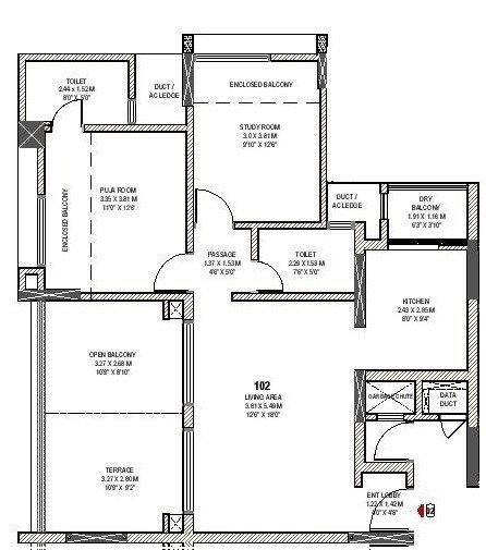 Floor plan of 2 BHK 638 Sq. Ft. Apartment in Pride Purple Park Xpress, Pune
