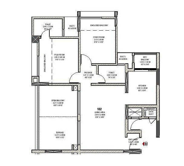 Floor plan of 2 BHK 638 Sq. Ft. Apartment in Pride Purple Park Xpress Phase 3, Pune
