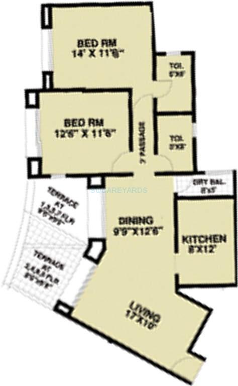 Floor plan of 2 BHK Apartment - 1110 sq. ft. in Pride Purple Sapphire Park, Pune