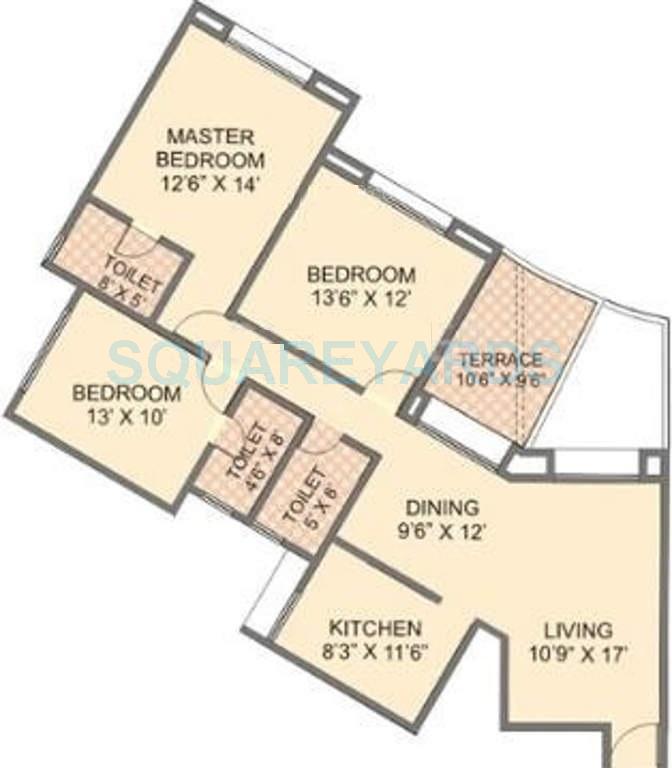 Floor plan of 3 BHK Apartment - 1390 sq. ft. in Pride Purple Sapphire Park, Pune