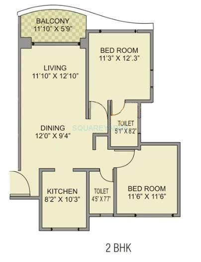 Floor plan of 2 BHK 1052 Sq. Ft. Apartment in Pride Purple Topaz Park, Pune