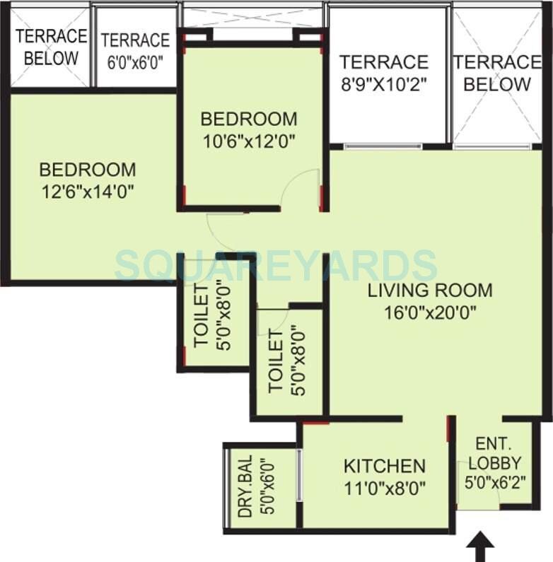 Floor plan of 2 BHK 1420 Sq. Ft. Apartment in Pride Valencia, Pune