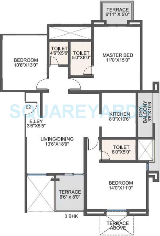 Floor plan of 3 BHK 1536 Sq. Ft. Apartment in Pride Valencia, Pune