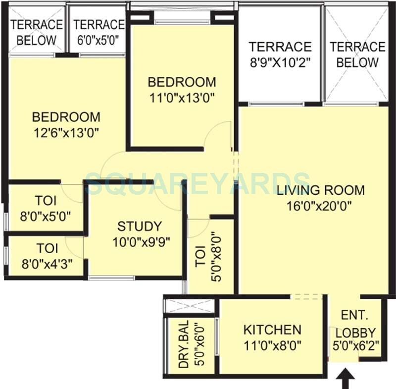 Floor plan of 2 BHK 1600 Sq. Ft. Apartment in Pride Valencia, Pune
