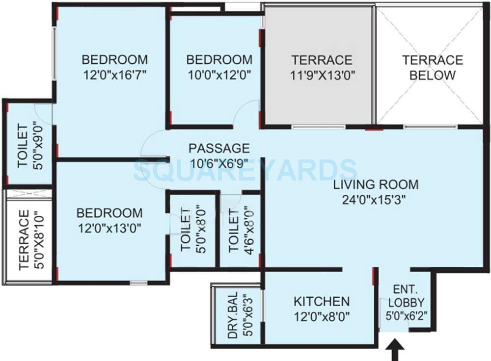 Floor plan of 3 BHK 1910 Sq. Ft. Apartment in Pride Valencia, Pune