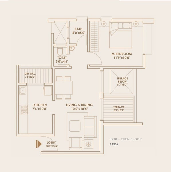 Floor plan of 2 BHK 441 Sq. Ft. Apartment in Pride World City, Pune