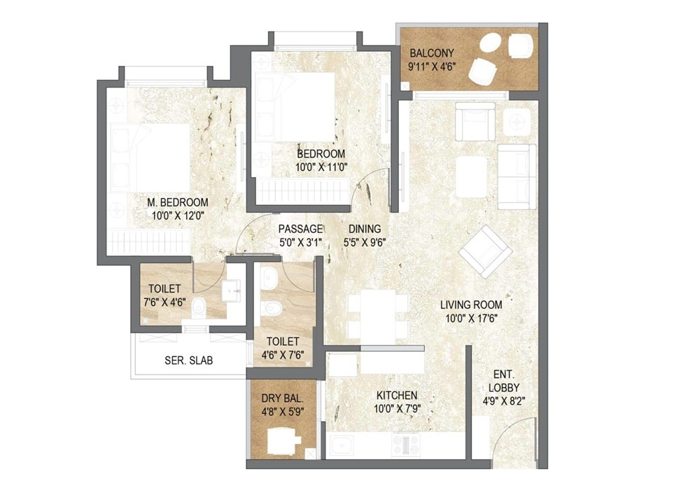 Floor plan of 3 BHK 950 Sq. Ft. Apartment in Pride World City, Pune