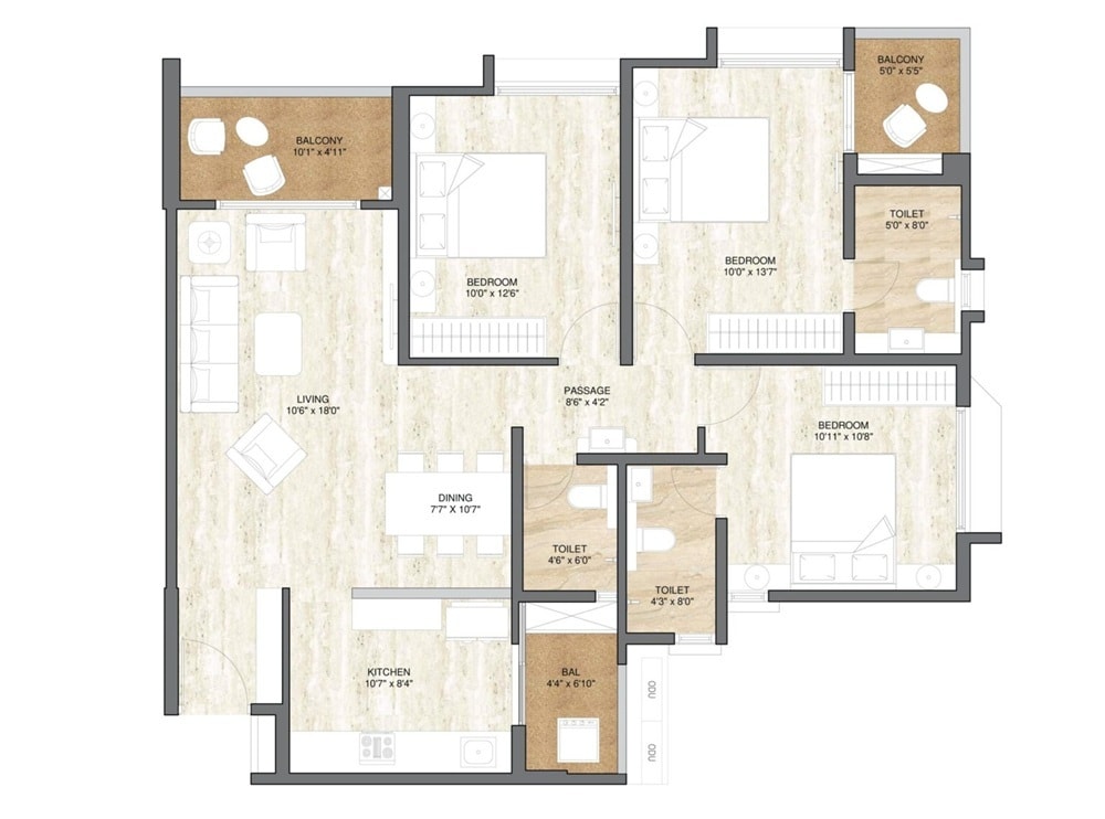 Floor plan of 3 BHK 1056 Sq. Ft. Apartment in Pride World City, Pune