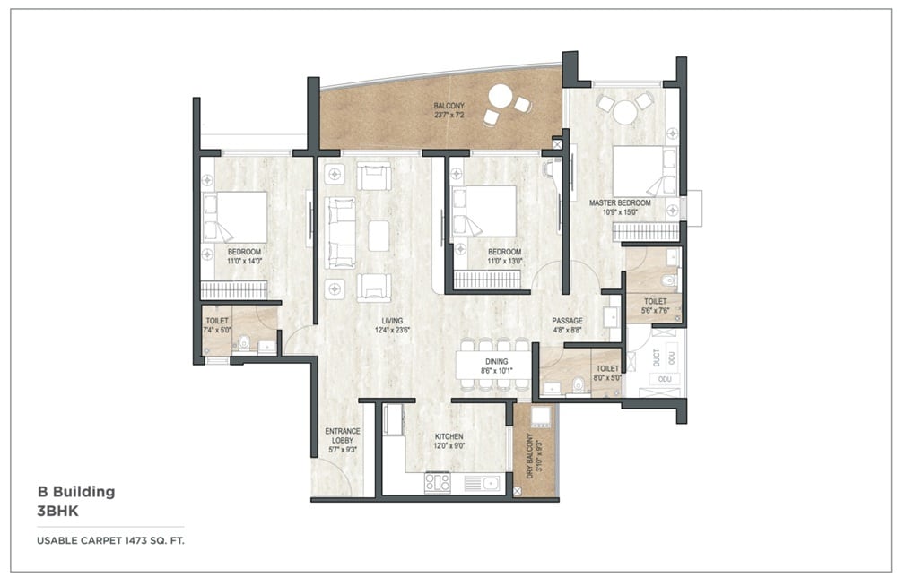 Floor plan of 3 BHK 1472 Sq. Ft. Apartment in Pride World City, Pune