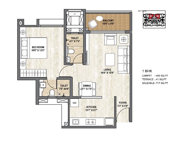 Floor plan of 1 BHK 531 Sq. Ft. Apartment in Pride World City Boston, Pune