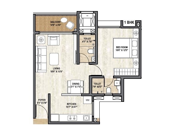 Floor plan of 1 BHK 490 Sq. Ft. Apartment in Pride World City Boston, Pune