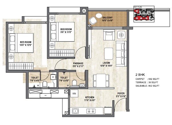 Floor plan of 2 BHK 592 Sq. Ft. Apartment in Pride World City Boston, Pune