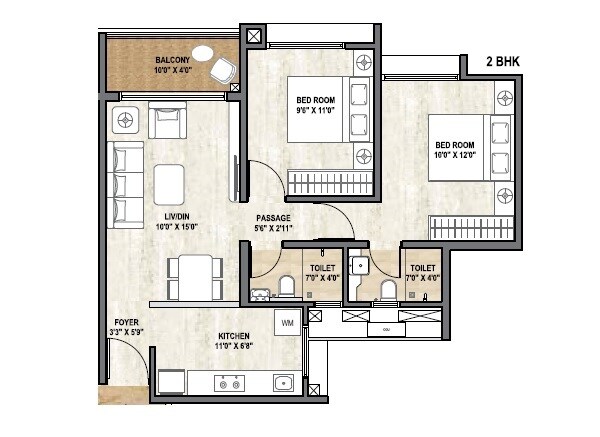 Floor plan of 2 BHK 673 Sq. Ft. Apartment in Pride World City Boston, Pune