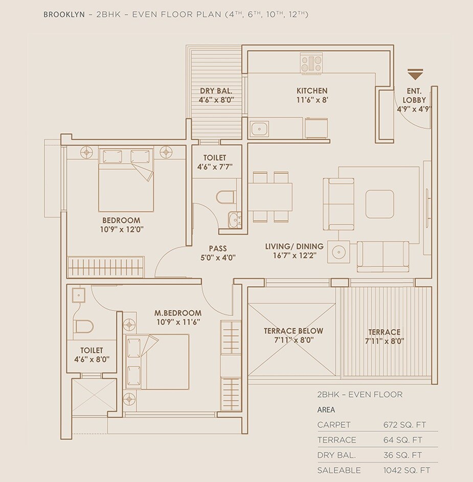 Floor plan of 2 BHK 1042 Sq. Ft. Apartment in Pride World City Brooklyn, Pune