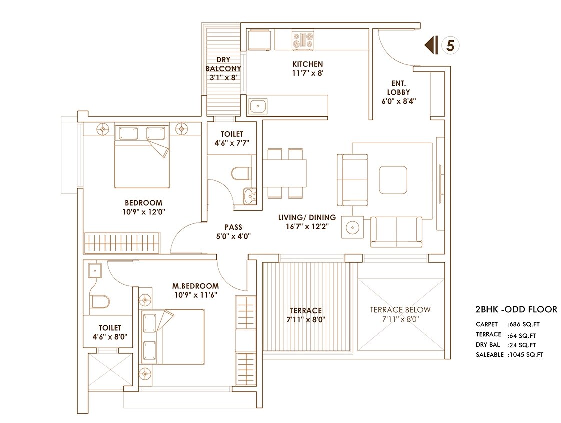 Floor plan of 2 BHK 1045 Sq. Ft. Apartment in Pride World City Brooklyn, Pune