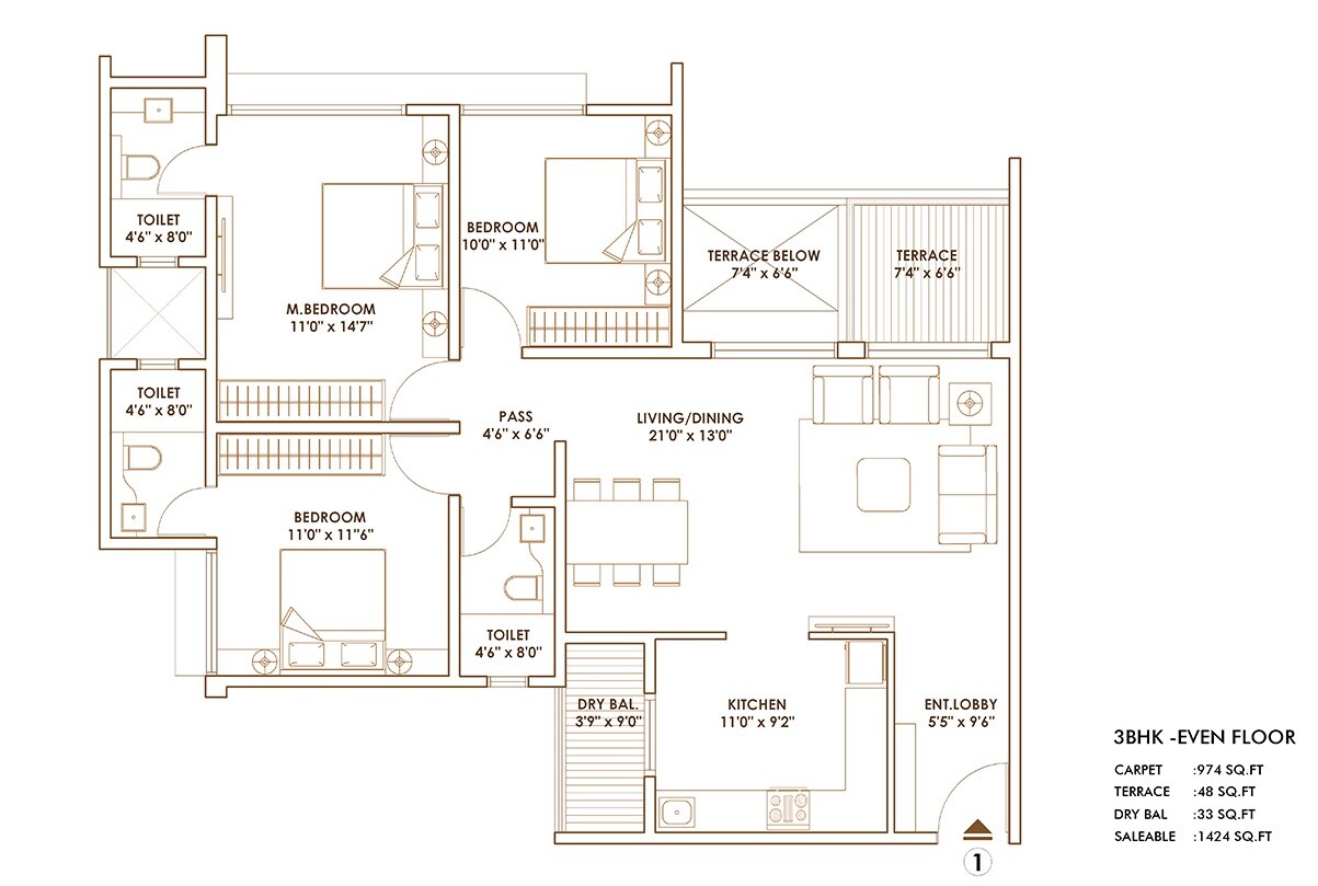 Floor plan of 3 BHK 1424 Sq. Ft. Apartment in Pride World City Brooklyn, Pune