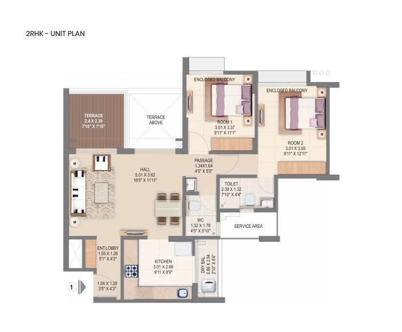 Floor plan of 2 BHK 561 Sq. Ft. Apartment in Pride World City Kingsbury, Pune
