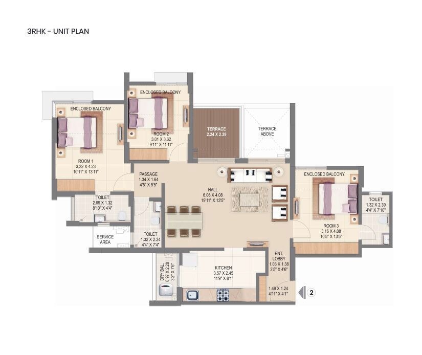 Floor plan of 3 BHK 723 Sq. Ft. Apartment in Pride World City Kingsbury, Pune
