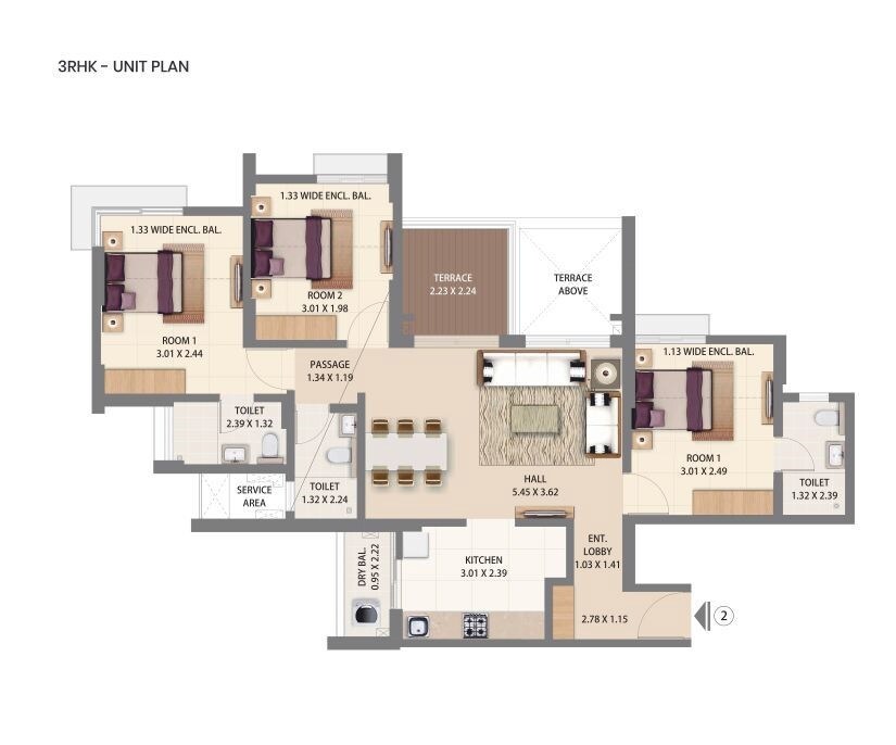 Floor plan of 3 BHK 929 Sq. Ft. Apartment in Pride World City Kingsbury, Pune