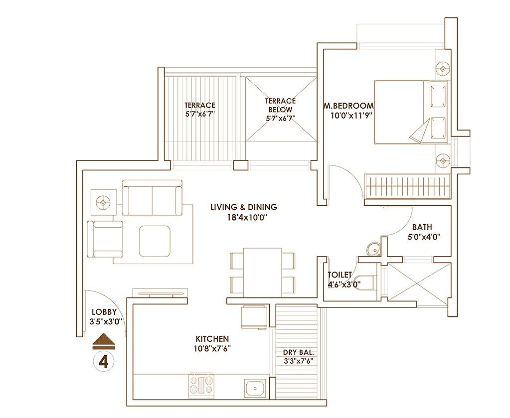 Floor plan of 1 BHK 450 Sq. Ft. Apartment in Pride World City Long Island, Pune