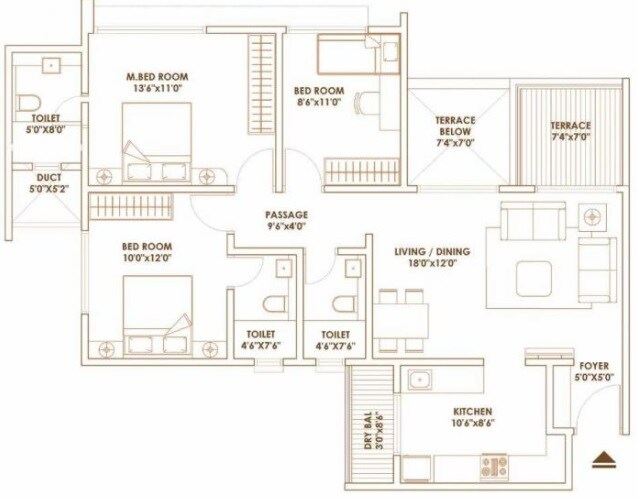 Floor plan of 2 BHK 527 Sq. Ft. Apartment in Pride World City Long Island, Pune