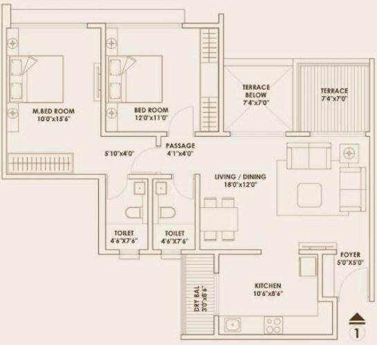 Floor plan of 2 BHK 697 Sq. Ft. Apartment in Pride World City Long Island, Pune