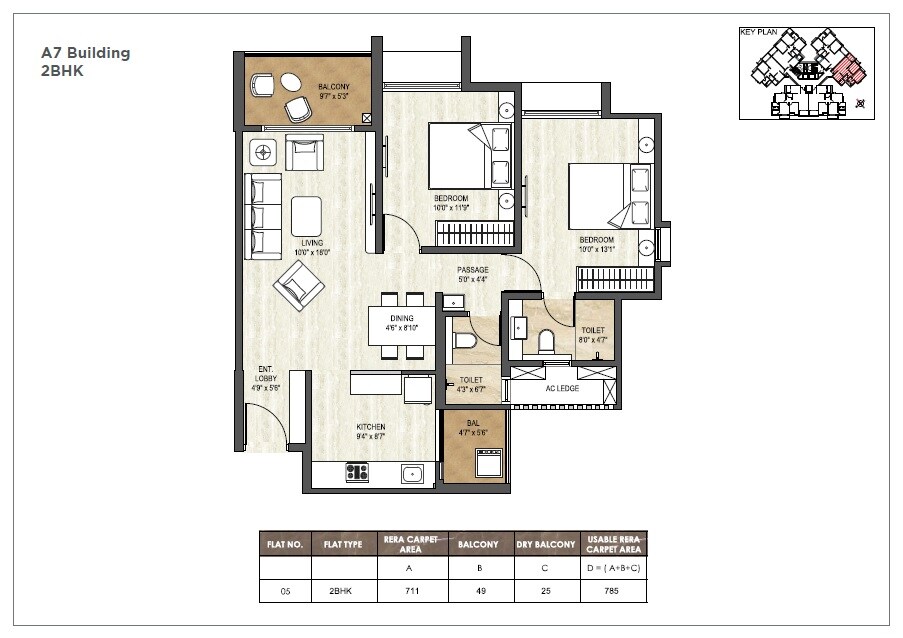 Floor plan of 2 BHK 785 Sq. Ft. Apartment in Pride World City Miami, Pune
