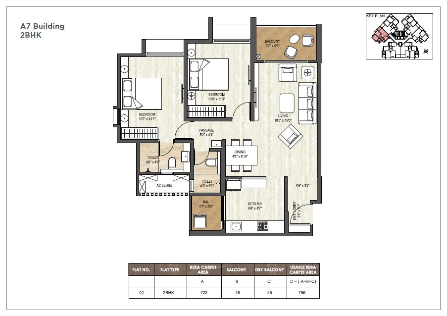 Floor plan of 2 BHK 796 Sq. Ft. Apartment in Pride World City Miami, Pune