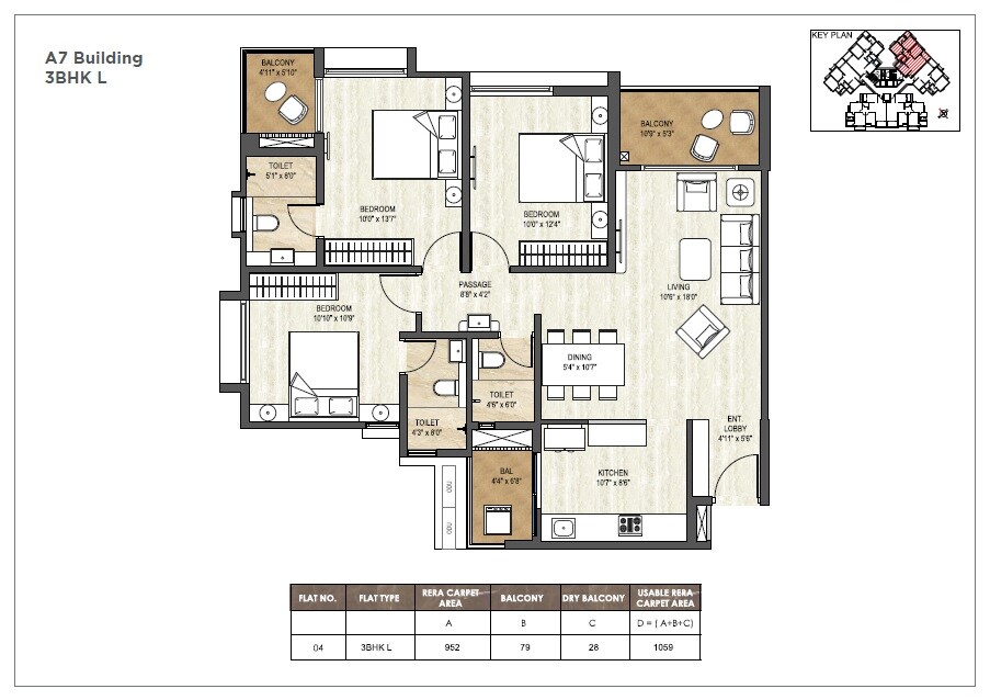 Floor plan of 3 BHK 1059 Sq. Ft. Apartment in Pride World City Miami, Pune