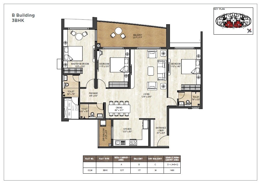 Floor plan of 3 BHK 1488 Sq. Ft. Apartment in Pride World City Miami, Pune