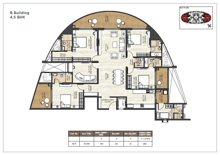 Floor plan of 4 BHK 2260 Sq. Ft. Apartment in Pride World City Miami, Pune